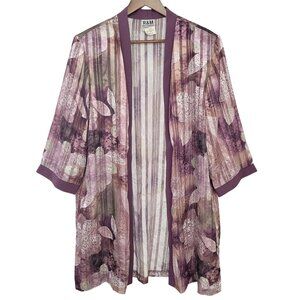 R&M Richards Open Front Floral Duster Size 10 Purple Semi Sheer Metallic Trim